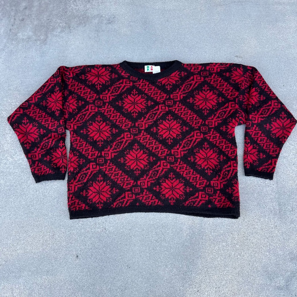 Vintage Quadro Italy Wool Blend Red Black Snowflake Geometric Sweater Large